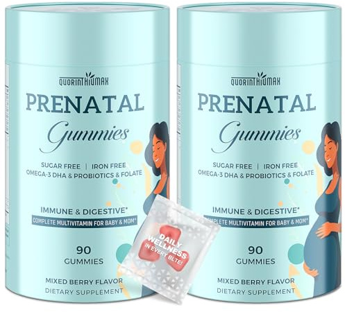 Quorinthiumax Prenatal Gummies Sugar Free 180 Count - Organics Prenatal Vitamins for Women with Folate, DHA & Probiotics - Iron Free Prenatal Vitamin Gummies for Immune & Digestive - 2 Bottles