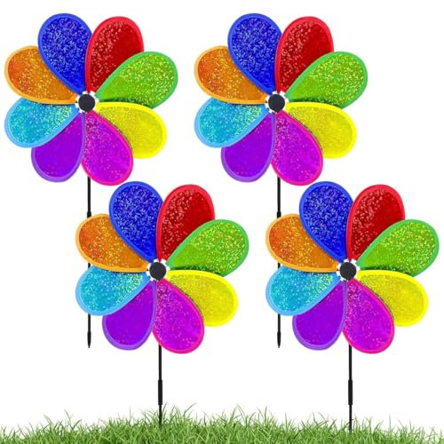 4 Piezas Molino de Viento, Molinillo de Viento Jardin, Molinos de Viento Coloridos con Forma Flor, Molino de Viento Reflectante, Molino de Viento Decorativo para Jardines Huertos Granjas Techos