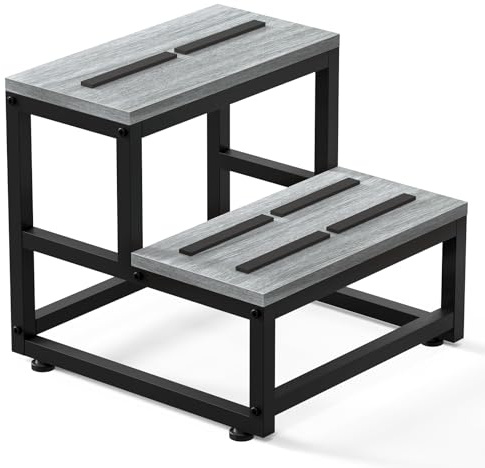 Marchepied 2 Marches pour Adultes et Enfants - Escabeau Solide en Bois Naturel et Cadre Fer - Supporte 500LB (227kg) Idéal pour Salle de Bain, Toilettes, Chambre de Bébé, Caravane et Camping-Car