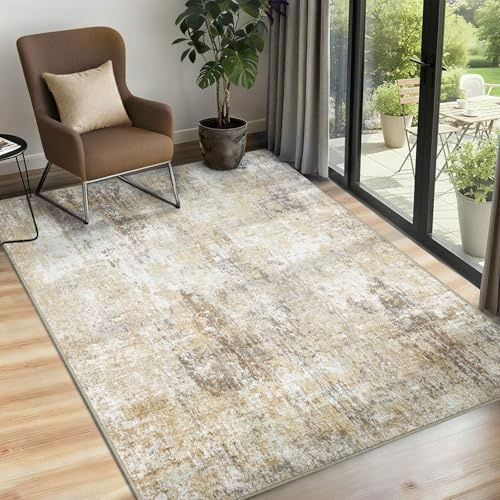 INOVADAY Washable Rugs Living Room 90x150 cm Modern Abstract Rug with Soft Low Pile Vacuum Friendly Non Slip Backing Minimalist Carpet for Lounge Bedroom Dining Room Home Office Brown/Grey