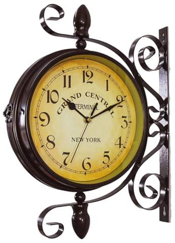 Orologio da parete in ferro su entrambi i lati, stile stazione ferroviaria industriale, 36 x 27 x 9 cm, perfetto per casa o bar