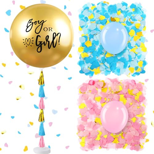 Syhood Jumbo Gender Reveal Balloon Pop Kit with 36 Inch Boy or Girl and 5 Inch Blue Pink Balloons Heart Shaped Confetti Tassels Stand for Baby Shower Party Supplies Decorations (Gold)