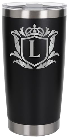 Customised Gifts 500ml Engraved Shield Initial Monogram Insulated Personalised Black Travel Mug for Men and Women - Personalised Initial Coffee Travel Mug for Hot and Cold Beverages, Letter L