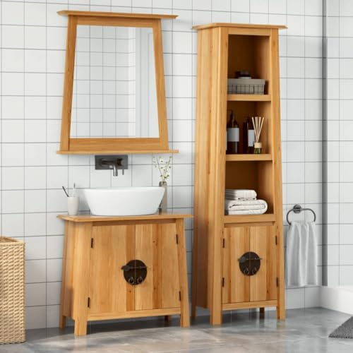 IBUQDDV Set Bagno in Legno Massello di Pino con Mobile Lavabo, Armadio Alto e Specchio - Ampio Spazio Portaoggetti, Stile Rustico, Design Vintage per Arredamento Casa