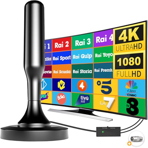 2026 Antenna TV Portatile da Interno, Antenna TV Interna Amplificata Potente per 4K Smart TV(Supporta DVB-T2), Ricezione Segnali Digitali Terrestri entro 380 km, Con Base Magnetica