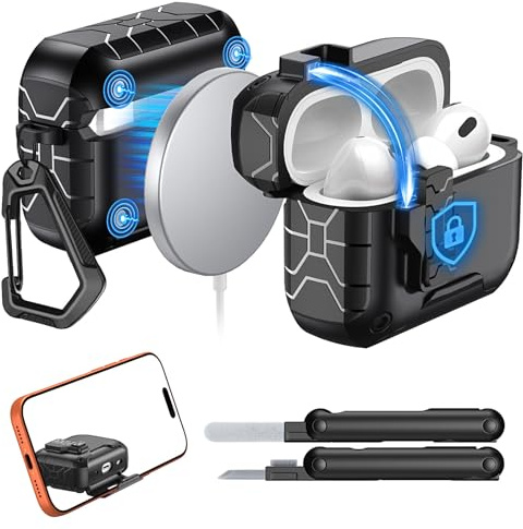 Custodia MoKo Per AirPods Pro 2/1,Cover Protettiva Antiurto | Compatibile Con MagSafe, Serratura Supporto Telefono, Apertura Automatica, Kit Pulizia, Adatta A AirPods Pro 2/1 Generazione