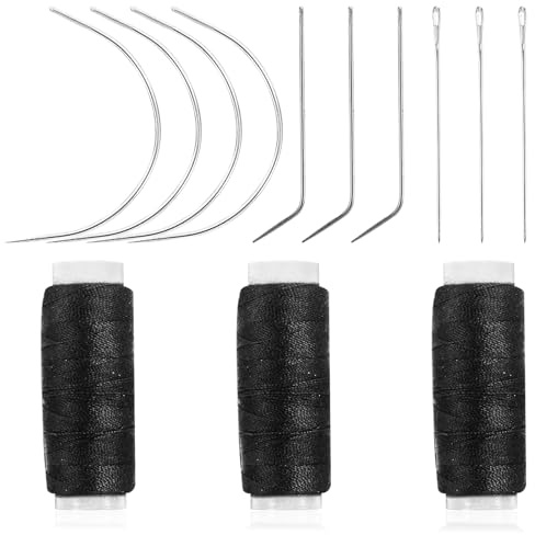 Juego de agujas e hilos para el cabello, 13 piezas, herramientas de extensión de cabello, aguja curvada, hilo de tejer negro para hacer pelucas, agujas e hilos para coser a mano extensiones de cabello