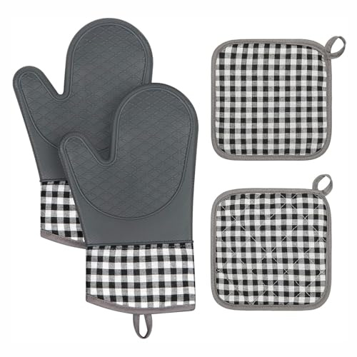 Cesujowaz Guantes de Horno, Juego de 4 Piezas, Guantes para Horno Resistentes al Calor con Superficie de Silicona Antideslizante para Cocinar, Hornear, Asar, Almohadillas de Algodón para la Cocina