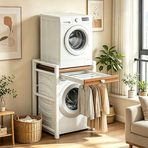 Estantería con cajones para lavadora, estantería para colada lavadora y secadora soporte secadora sobre lavadora 350 kg, mueble lavadora secadora para baño o lavandería 75 x 65 x 104 cm