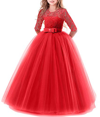 Robe en dentelle à manches 3/4 pour filles d'honneur, mariage, demoiselle d'honneur, première communion, soirée, robe longue jusqu'au sol pour enfants, princesse, concours de beauté, anniversaire, bal
