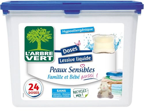 L'Arbre Vert Doses Lessive Liquide Peaux Sensibles Famille et Bébé aussi! - Hypoallergénique - 24 Doses