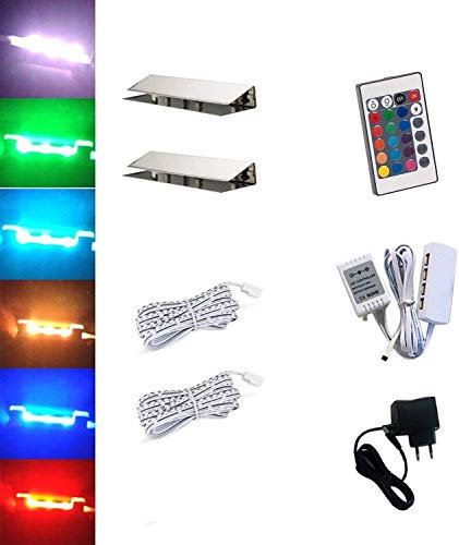 ACCE Lot de 2 éclairages LED, RVB, pour bord en verre, de vitrine, clip en verre, de qualité supérieure, miroir, en acier inoxydable