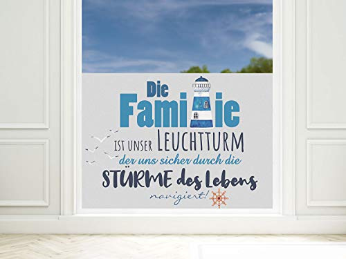 GRAZDesign Fensterfolie Blickdicht Leuchtturm Familie Spruch [100x57cm] für Fenster Bad & Dusche maritim | Sichtschutzfolie Glastür, Badfenster, Flur, Farbe Silbergrau Milchglasfolie BxH