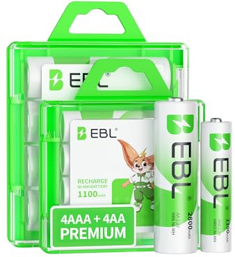 EBL AA Rechargeable Batteries 2800mAh 4 Pack and AAA Rechargeable Batteries 1100mAh 4 Pack, 1.2V Ni-Mh AA AAA Batteries Combo