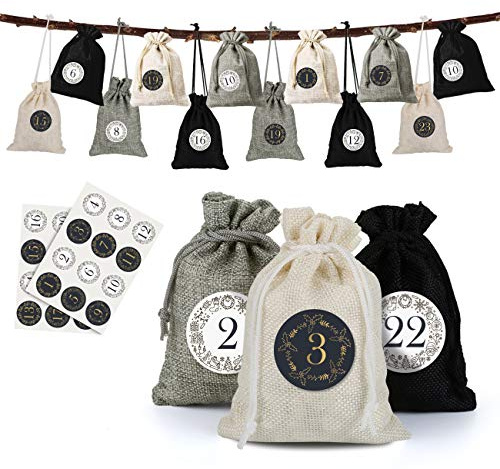 Naler 24 x Jutesäckchen Adventskalender Stoffbeutel mit Zahlenaufkleber Jute Beutel Natur Säckchen Geschenksäckchen für Weihnachten - Schwarz/Creme/Hellgrau