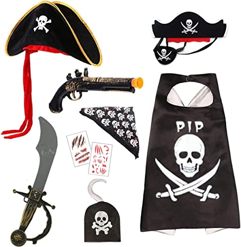Ecloud Shop Piraten Kostüme Set - Kap Umhang Piratenhut Piraten Bandana Augenklappe Mit Filz Maske,Schwert Modell Piratengewehrhaken Cosplay Zubehör für Halloween Partyzubehör(7 Stück)