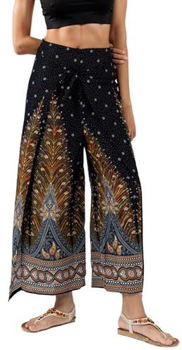 YOUR COZY Women’s Boho Palazzo Pants – Wide Leg Harem Pants for Yoga, Lounge, Festival, Travel – Lightweight Adjustable Waist Hippie Trousers (Black Peacock)