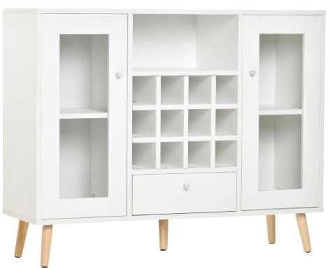 HOMCOM Küchenschrank Sideboard Küchenmöbel mit Glastüren Schublade und 12-Flaschen Weinregal für Esszimmer Küche Spanplatte Hartholz Weiß 100 x 33 x 80 cm