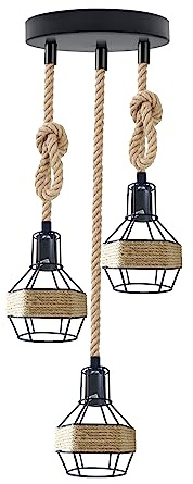 LEDSone Vintage Retro 3-Wege-Hängelampe, Manila-Stil, Hanfseil, Käfigschirm, hängende Deckenleuchten mit verstellbarem Kabel für Kücheninsel, Wohnzimmer, Esszimmer, E27 UK