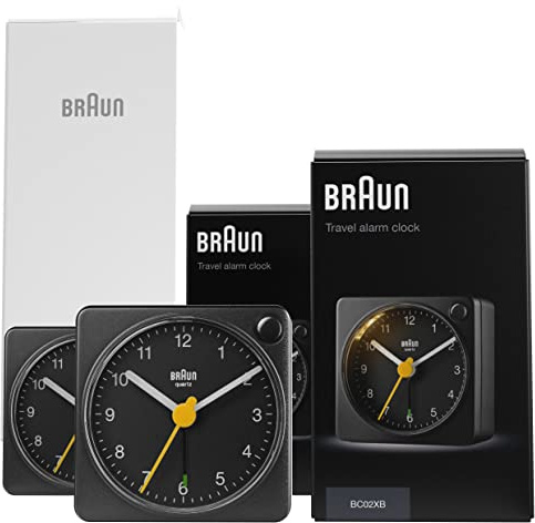 Braun Klassischer analoger Reisewecker mit Schlummerfunktion und Licht, kompakte Größe, ruhiges Quarzuhrwerk, Crescendo-Alarm, schwarzes Modell BC02XB (2 Pack).