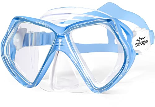 Seago Kids Swim Goggles with Nose Cover Snorkel Mask Scuba Diving Swim Mask Anti-Fog Tempered Glass, Panoramic Clear View Silicone Seal Snorkeling Gear Swimming Goggles for Kids 6-14 Boys Girls Youth