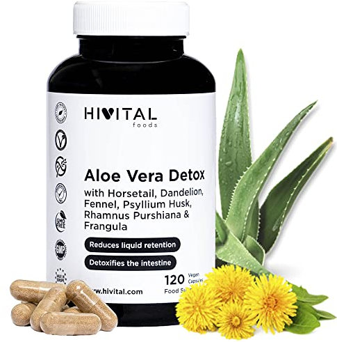 Aloe Vera Detox. 120 cápsulas veganas para 4 meses de tratamiento. Con Cáscara Sagrada, Frángula, Cola de Caballo y Diente de León. Diurético y laxante natural. Fabricado en España por HIVITAL