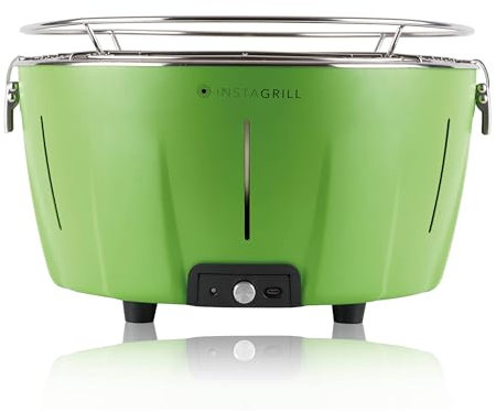 Barbecue da Tavolo Senza Fumo a Carbone con batteria ricaricabile inclusa. Diametro 34 cm. Si Accende in 5 minuti (Verde Avocado)