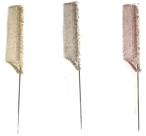 Mytoptrendz® 3 Pcs Fine Tooth Glitter Rattail Comb Anti-static Styling & Lifting Backcombing Comb for Hairdressers Parting Teasing Cutting Hair Comb with Thin Metal Pin (3 x Assortment Glitter)