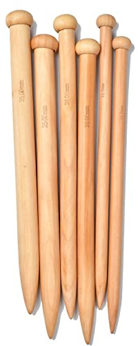 MPEIPILA Ferri da Maglia Grandi in Legno 35cm - Set 3 Paia Lunghi per Lavori a Maglia Grossa, Misure 15, 20, 25mm