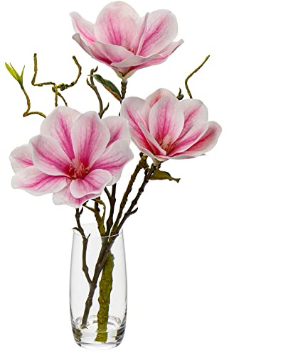 Oairse Kunstpflanze Magnolien-Kunstblumen in Glasvase mit künstlichen Wasser Künstliche Deko Blumen Kunstblumen Wie Echt Mit Real-Touch Blüten Tischdeko Fensterbank Deko, Rosa