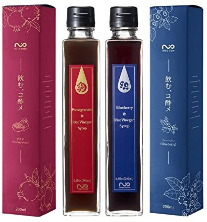 [Micoas] Pomegranate & Rice Vinegar Syrup, Blueberry & Rice Vinegar Syrup, Drinking Vinegar, Shrub, For Gift, Alternative to Alcohol Drink, With Kombucha , Gluten Free , Made in Japan, 200ml (6.8 oz), 2 Pack