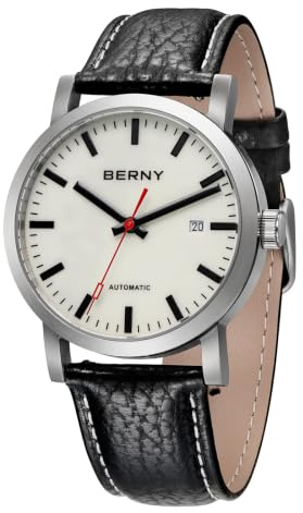BERNY Klassische Automatikuhr für Männer Mechanische Selbst Wind Armbanduhr MIYOTA 8215 Bewegung Edelstahl Armband 5AM wasserdichte volle leuchtende Zifferblatt Saphirglas Eisenbahn Uhren