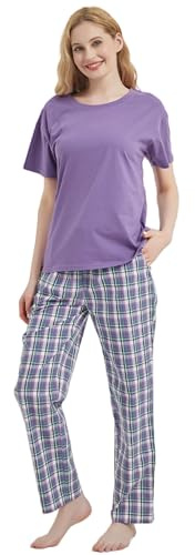 iceBoo Women’s Cotton Pyjamas Set Purple Top & Check Plaid Bottoms with Pockets & Adjustable Drawstring Waist (12/14 Purple (XB32)