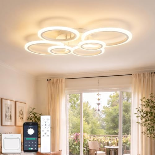 YOLEDY Deckenlampe Led mit Fernbedienung & APP, Decken Lampen mit 6 Ring, Dimmbar, Licht Memory Funktion mit Timer, Moderne Deckenleuchte Rund Wohnzimmer Flur Schlafzimmer, Weiß