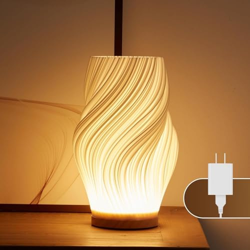 UYKKE Lampada da comodino base in legno - Lampada da tavolo con controllo a pulsante per camera da letto dimmerabile in 12 modi, con paralume in PLA per soggiorno (Bianco-F, Grande)