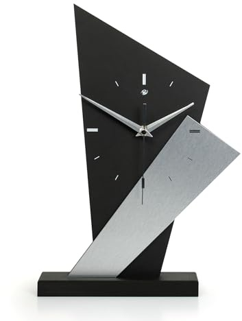 Kreative Feder Designer-Standuhr „Silver Square“ aus Holz – Schwarze Tischuhr in modernem Look ohne Ticken (Silver Square, leises Quarzuhrwerk)