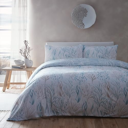 Drift Home - Housse de Couette écologique récif de Corail Bleu - 230 x 220 cm - Coton recyclé Durable - Motifs réversibles - 2 taies d'oreiller - literie Bleue - Housse de Couette océan mer