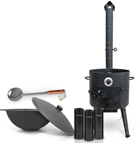 Utschak F2024-5 - Hornillo de hierro fundido con tubo de extensión, base redonda con tapa (12 L), KazanoFF, Учаг, kazan exterior, brasero, camping, kazan, cañón de goulash (set F2024-5)