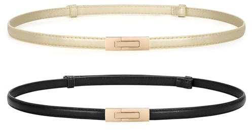 LEACOOLKEY Women Skinny Belts Leather Thin Waist Belts for Dress Ladies Belts with Gold Buckle
