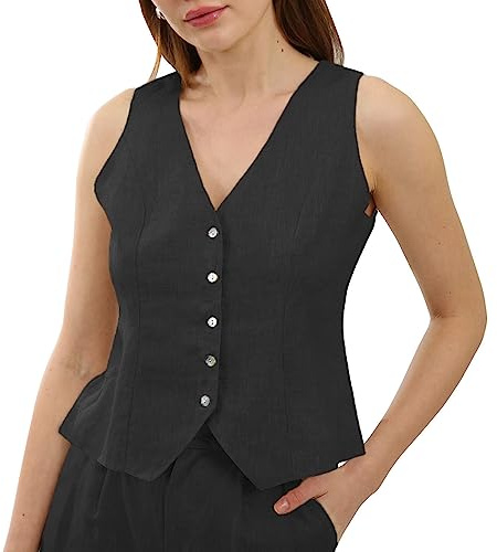 Amazhiyu Gilet de costume en lin pour femme - Sans manches - Col en V - Court - Boutonnière - Coupe ajustée - Bretelles réglables, Noir , XL