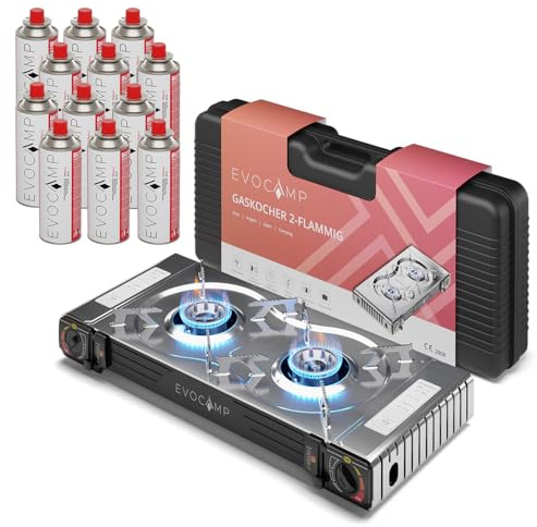 Gaskocher 2-flammig mit Piezozündung - Campingkocher für Gaskartuschen MSF-1a 227g - Camping Gaskocher für Campinggaz - Campingkocher 2 flammig - Campinggaskocher - Camping Herd + 12 Gaskartuschen