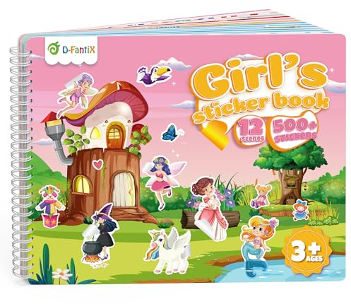 D-FantiX Stickerbuch ab 3 4 5 6 7 8 jahre für Mädchen, Stickerheft und Malbuch - Einhorn, Nixen, Elfen, Stickerbüch Geschenk für Kinder, flugzeug beschäftigung kinder Geburtstagsfeier