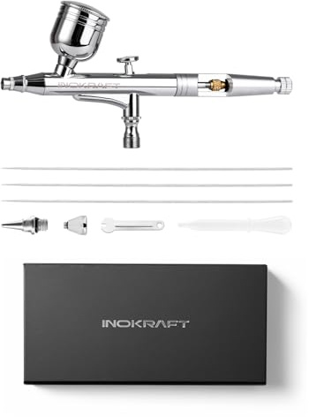 InoKraft Airbrush-set med 3 munstycke 0,2, 0,3 och 0,5 mm för nybörjare – dubbelverkande gravitationsmatning airbrush med utklipphandtag och instruktionsguide för modellmålning