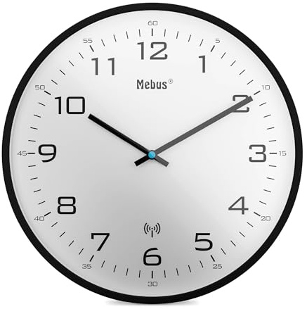 Mebus 13079 Horloge Murale Radio-pilotée silencieuse avec Cadre Noir et Cadran Blanc Grand écran Clair Noir 30 cm