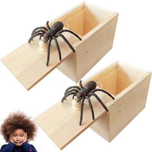 Lot de 2 Boite Araignée Farce,Spider Prank Box,Farce et Attrape Adulte,Boîtes à Jouets en Bois D'araignée,Articles de Farces pour Halloween,Plastique Noir Réaliste,Boîtes Cadeaux Sautantes