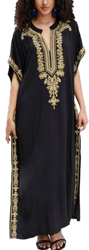 YouKD Broderade blommiga kaftan boho strandklänning bikini coverups långa badrockar för kvinnor, A* svart, one size