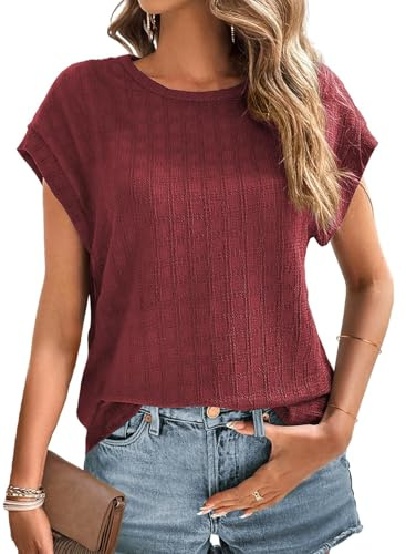 Chicrise Camiseta Mujer Manga Corta Cuello Redondo Casual Color Sólido Tshirt Manga De Murciélago Punto Transpirable Top Rojo Grande 42-44