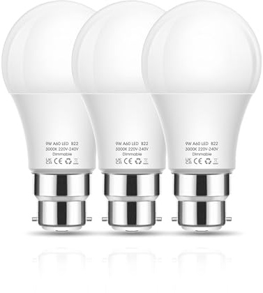 EvaStary Bayonet Light Bulbs Dimmable, 60W Equivalent B22 LED Bulbs Bayonet Cap, 9W 3000K Warm White, 800LM B22 A60 Standard Light Bulb, Pack of 3