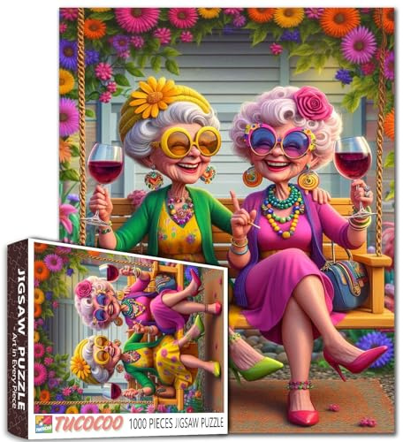 Swing Vieille Femme Jigsaw Puzzle 1000 pièce pour Adultes Amis fête Verres de vin Fleurs en Fleur Puzzle Impossible Dur Difficile défiant pour Adultes Cadeaux pour Amis et Famille