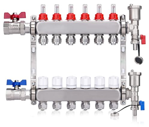 6 cicli di pompa di calore | Distributore di cicli della pompa di calore con Eurokonus 3/4 (16 x 2 mm) | Valvole a sfera da 1 | Riscaldamento a pavimento con sfiatore manuale, misuratore di flusso |